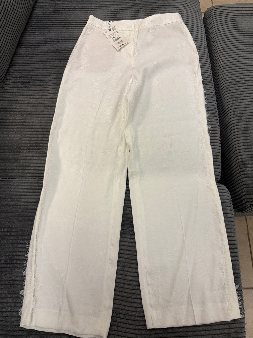 Zara Women’s White Wide-Leg Textured Pants, Lace Tuxedo Trim
